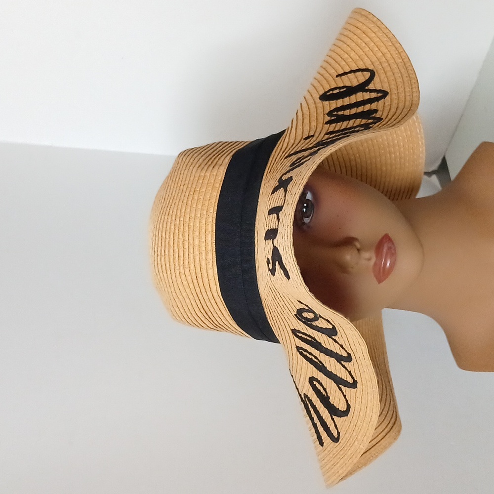 C.C. Exclusives - Wide Brim Straw Hat With Black Ribbon & Hello Sunshine Script